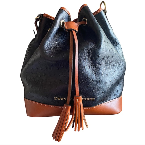 Dooney & Bourke Handbags - Dooney & Bourke BLACK Caldwell Ostrich Embossed Tasseled Drawstring Bucket Bag